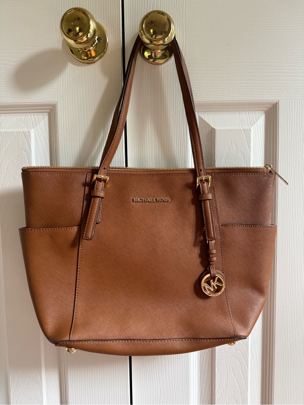 Michael Kors Jetset Cognac Saffiano Leather Tote with Gold Hardware